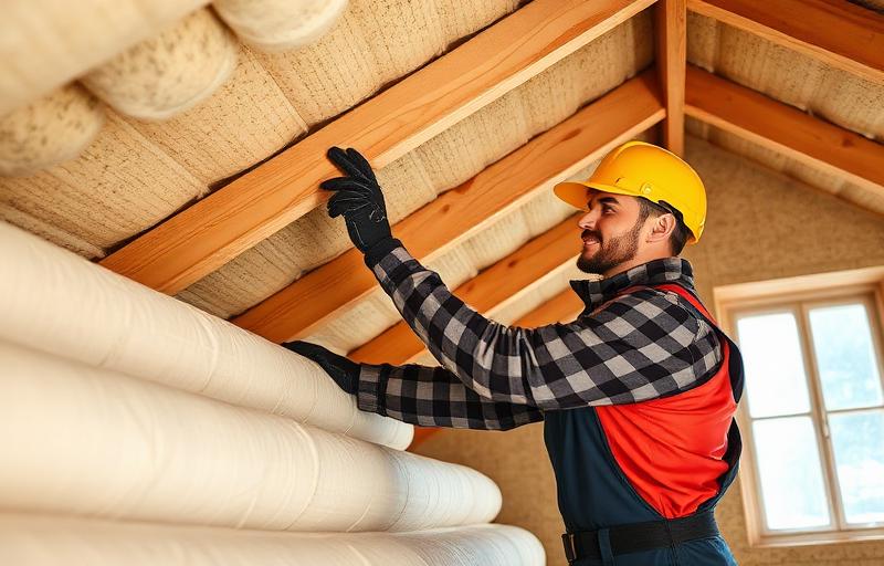 Artisan RGE posant une isolation thermique dans des combles de maison