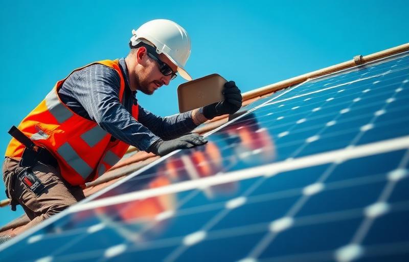 Technicien installant des panneaux solaires sur toiture – leads énergie solaire et PAC