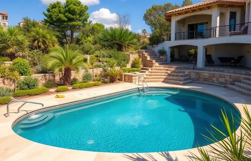 Leads piscine 2026 – guide piscinistes Piscine résidentielle dans un jardin méditerranéen – leads piscinistes qualifiés