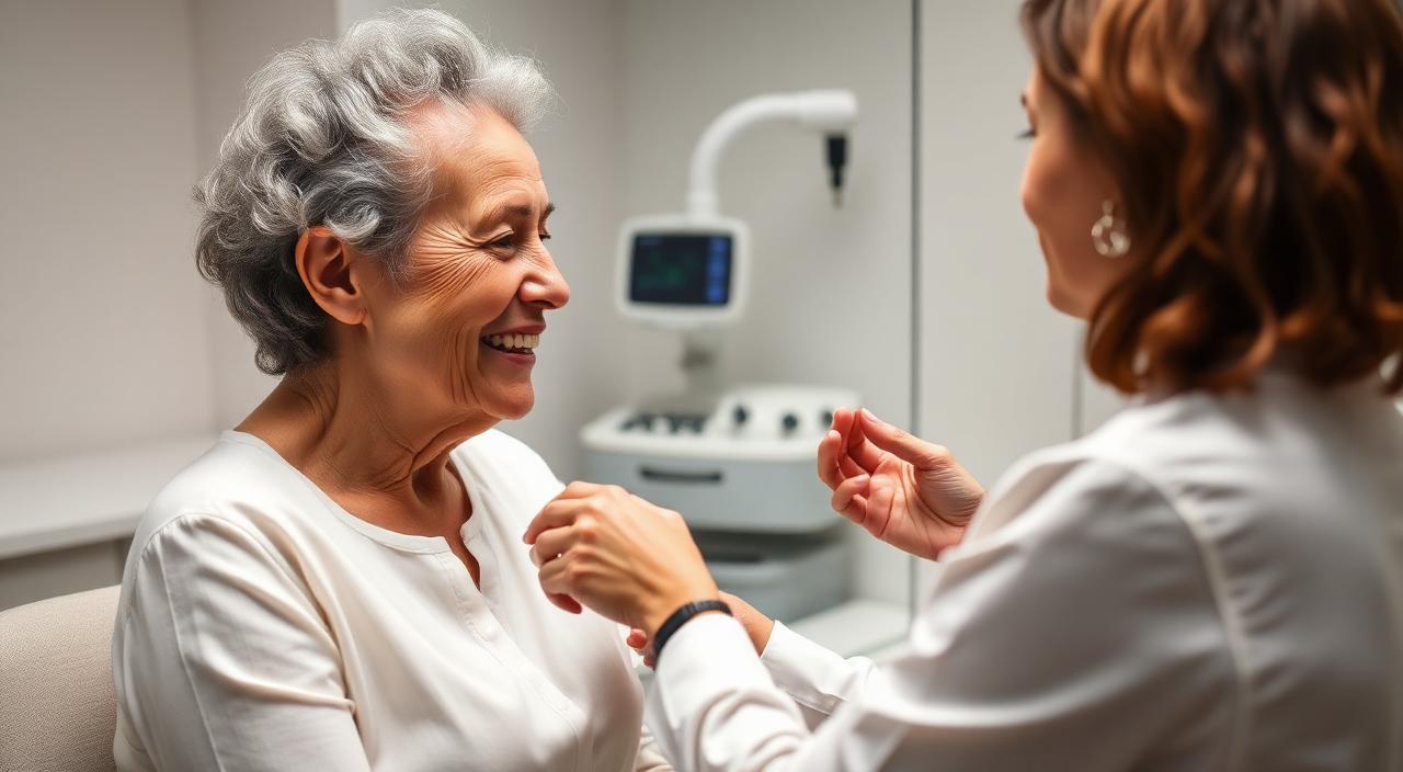 Audioprothésiste pose un appareil auditif discret à une patiente senior souriante
