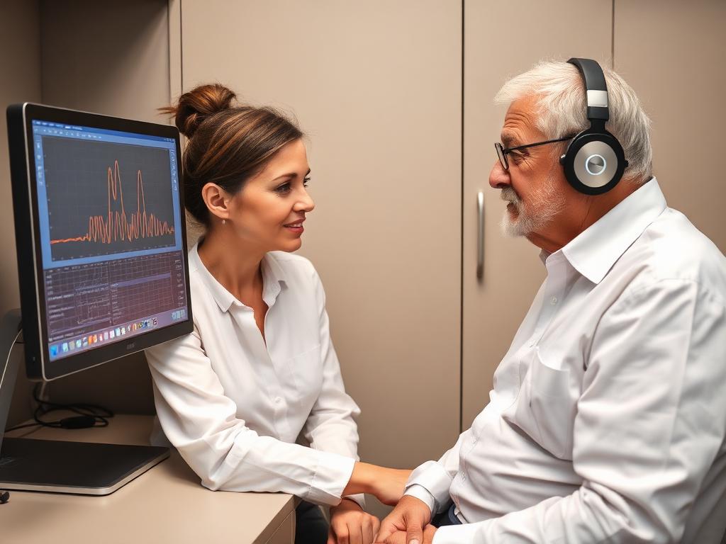 Audioprothésiste analyse un audiogramme avec son patient lors d'un bilan auditif