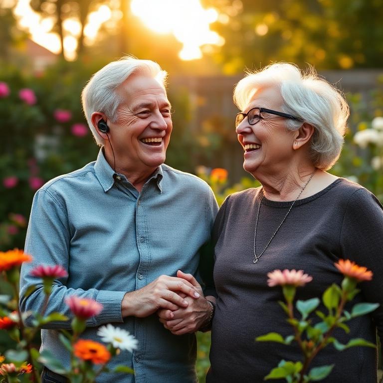 Couple senior heureux dans leur jardin profitant pleinement de leurs conversations