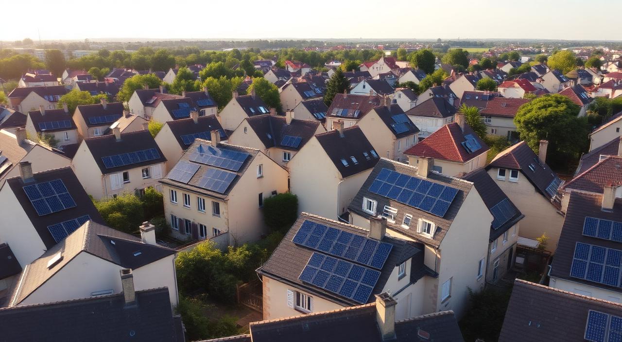 Vue aérienne d'un quartier pavillonnaire français avec panneaux solaires sur les toits