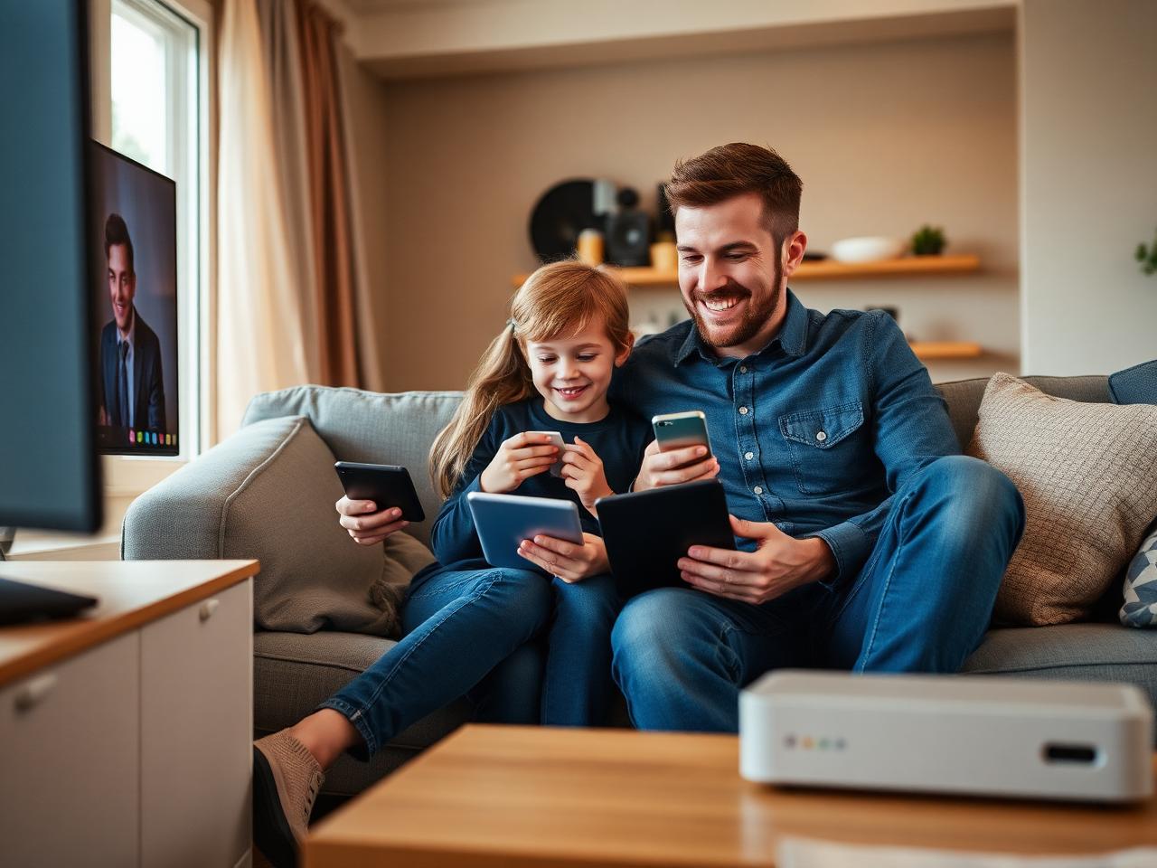 Famille connectée utilisant box internet, mobile et streaming TV